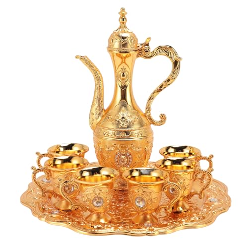 Hamwesh Türkischer Tee -Set, Vintage Türkische Kaffeekanne mit 6 Tassen und Weinkanne Im Europäischen Stil von Tablett Zinklegierung für Home Party (GOLD) von Hamwesh