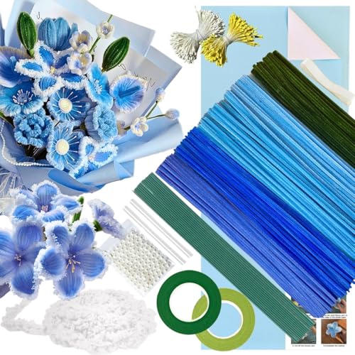 5 Farben Blau Pipe Cleaner Flower Set,300 Stück Pfeifenputzer zum Basteln,mit 1 Wolle zum Pfeifenreiniger Blumen,50 Perlen,100 Staubblatt,15 Blumendraht,2 Klebeband,2 Geschenkpapier,Schleifenband von HanCheng