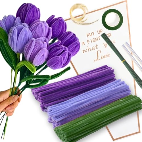 HanCheng Tulpe Blumenstrauß Pfeifenreiniger Set mit 150 Stück Pfeifenputzer Bunt mit 3 Farben（Hellviolett,Mittel Violett,Blattgrün,8 Stück Grün Basteldraht,Geschenkpapier,Geschenkband,Klebeband von HanCheng