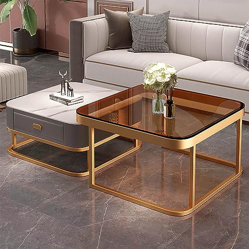 HanDpi Couchtisch Gold 2er-Set Couchtisch aus Glas mit Metallrahmen Couchtische für Wohnzimmer Quadratischer Couchtisch mit Stauraum Modernes Design Zuhause Einfache Montage für Wohnzimmer Büro (Co von HanDpi