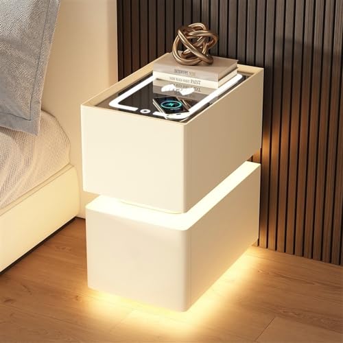 HanDpi Intelligenter schmaler Nachttisch mit kabelloser Aufladung, LED-Nachttisch mit 2 Schubladen, Platte aus gehärtetem Glas, Mikrofaserleder, ideal für kleine Räume (Beige, 45 x 39 x 48 cm) von HanDpi