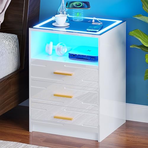 HanDpi Nachttisch mit kabelloser Ladestation, LED-Nachttisch mit Glasplatte, Hochglanz-Finish, intelligenter Beistelltisch mit 3 Schubladen für Wohnzimmer oder Schlafzimmer HanDpi Nachttisch mit kabelloser Ladestation, LED-Nachttisch mit Glasplatte, Hochglanz-Finish, intelligenter Beistelltisch mit 3 Schubladen für Wohnzimmer oder Schlafzimmer von HanDpi