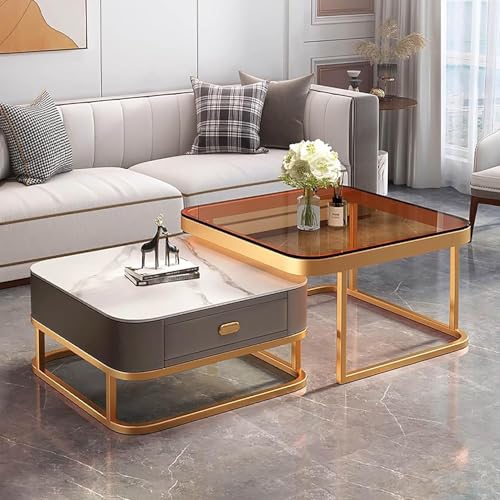 HanDpi Quadratischer Couchtisch aus Glas, 2er-Set, Gold mit Metallrahmen | Modernes Design, Couchtische mit Stauraum für das Wohnzimmer | Einfache Montage für Büro, Schlafzimmer HanDpi Quadratischer Couchtisch aus Glas, 2er-Set, Gold mit Metallrahmen | Modernes Design, Couchtische mit Stauraum für das Wohnzimmer | Einfache Montage für Büro, Schlafzimmer von HanDpi