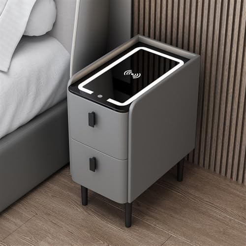 HanDpi Schmaler, intelligenter Nachttisch mit kabelloser Ladestation, moderner Tischplatte aus Leder und Glas, schlanker Nachttisch, schmales LED-Licht für kleine Räume (Dunkelgrau, 30 cm) von HanDpi