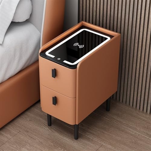 HanDpi Schmaler, intelligenter Nachttisch mit kabelloser Ladestation, moderner Tischplatte aus Leder und Glas, schlanker Nachttisch, schmales LED-Licht für kleine Räume (Orange, 30 cm) von HanDpi