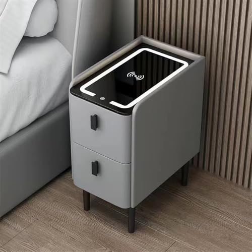 HanDpi Schmaler, intelligenter Nachttisch mit kabelloser Ladestation, moderner Tischplatte aus Leder und Glas, schlanker Nachttisch, schmales LED-Licht für kleine Räume (hellgrau, 25 cm) von HanDpi