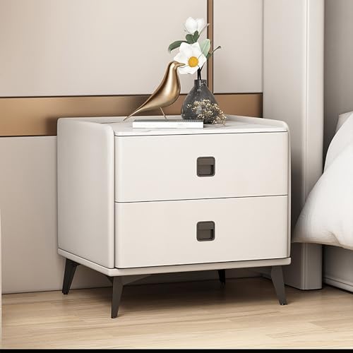HanDpi Weißer, moderner, minimalistischer Nachttisch aus Massivholz für das Schlafzimmer mit Schieferplatte, Mini-Sofa-Holztisch/Doppelschubladen an der Holzseite – Italienisch (Farbe: WHI von HanDpi