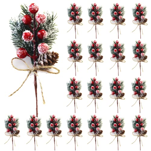 HanOBC 20 Stück rote Beerenstiele 15 cm künstliche Kiefernspieße Zweige Weihnachten Blumenplektren und Sprays Urlaub Winter Blumenplektren für Girlande, Kranz, Weihnachtsdekoration von HanOBC