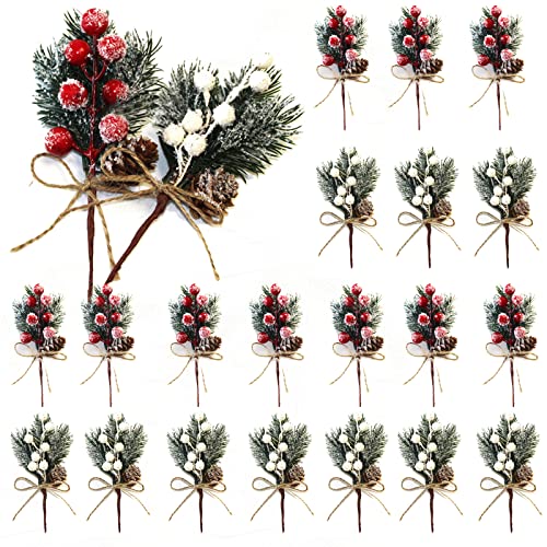 HanOBC 20 Stück rote und weiße Beerenstiele, 15 cm, künstliche Tannenspieße, Zweige, Weihnachtsblumen, Picks und Sprays, Urlaub, Winter, Blumenplektren für Girlande, Kranz, Weihnachtsdekoration von HanOBC