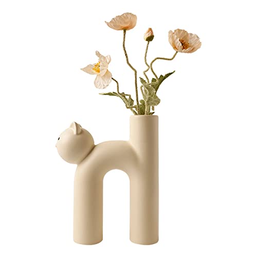 HanOBC Weiße Keramik-Blumenvase, niedliche Katzenform, lustige Tiervase, moderne minimalistische nordische Boho-Vase, geometrische dekorative Vasen für Heimdekoration von HanOBC