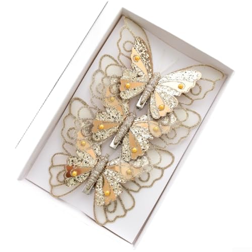 3er oder 6er Set 3D Glitzer Schmetterling Ornamente für Weihnachtsbaumschmuck mit leichtem Kunststoff und doppellagigem schillerndem Funkeln (Gold) von HanOaki