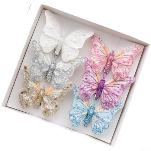 3er oder 6er Set 3D Glitzer Schmetterling Ornamente für Weihnachtsbaumschmuck mit leichtem Kunststoff und doppellagigem schillerndem Funkeln (Set C) von HanOaki