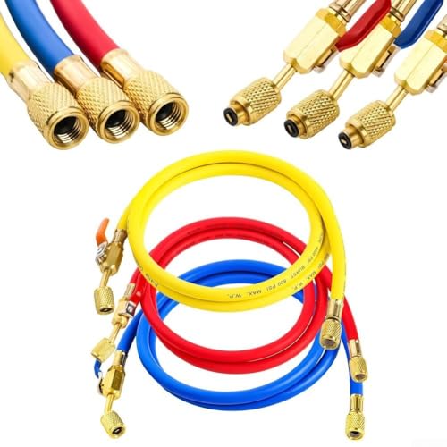 HVAC Kältemittelschlauch-Set 1/4 Zoll SAE Kugelhahn R410A R134a R407C AC Ladeschläuche Rot Gelb Blau 1,5 m 1,8 m 500-4000 PSI Messing Gummi (CH-E372B) von HanOaki