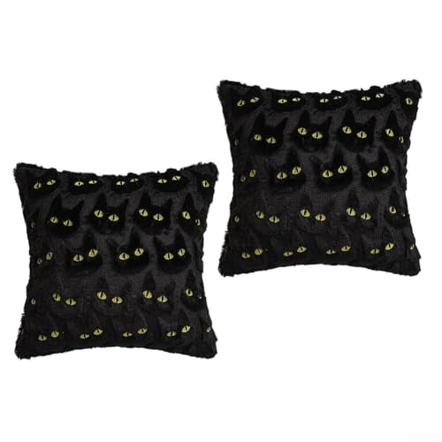 HanOaki 2-teiliges Halloween-Kissenbezug-Set, schwarze Katze, weiches Kunstimitat für Sofa, Bett, Akzentstuhl (gelbe Augen, 45 x 45 cm) von HanOaki