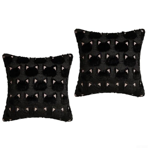 HanOaki 2-teiliges Halloween-Kissenbezug-Set, schwarze Katze, weiches Kunstimitat für Sofa, Bett, Akzentstuhl (rosa Ohren, 50 x 50 cm) von HanOaki