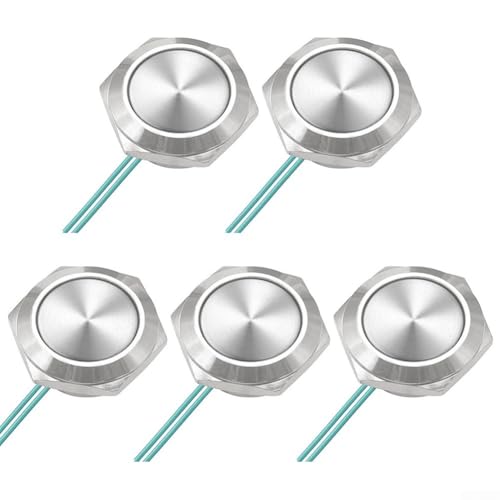 HanOaki 5 kurze Metall-Drucktastenschalter mit befestigten Drähten für 12 V 24 V Automobil- und Industrieeinsatz (22 mm) von HanOaki