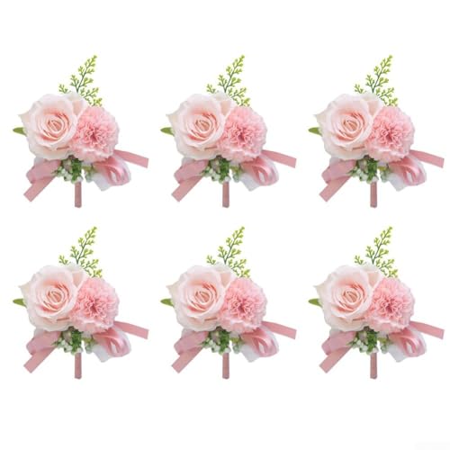 HanOaki Ansteckblume mit künstlichen Rosen, für Hochzeiten, Partys, Tanzveranstaltungen, Boutonniere, Blumenzubehör, Weiß, Rosa, Beige, 6 Stück (Rosa) von HanOaki