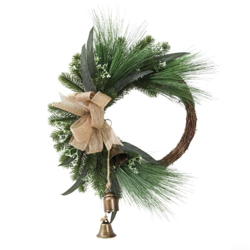 HanOaki Handgefertigter Weihnachtsglockenkranz mit Juteschleife zum Aufhängen an der Tür, Stoffdekoration, rustikale Urlaubsverzierung in traditioneller Kreisform von HanOaki