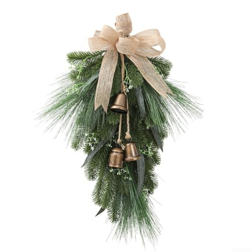 HanOaki Weihnachtskranz zum Aufhängen mit Glocken, langen Tannennadeln und Juteschleife für rustikale Innendekoration von HanOaki