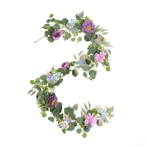 Künstliche Blumengirlande, 180 cm, mit 3D-Schmetterlingen, Hochzeit, Heimdekoration, violetter Schmetterlingsbogen, Seidenblumen-Dekor für Garten, Zaun, Treppengeländer, Party, 1 Stück (C) von HanOaki