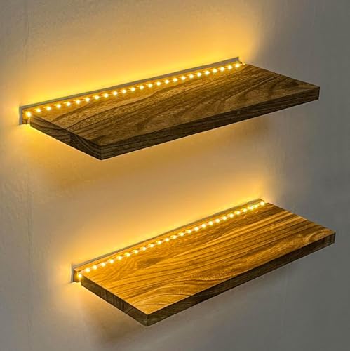 Bathroom Shelves Floating Shelves for Wall Decor Wood Wall Mounted Storage with LED Strip Lights Over Toilet Bathroom Floating Shelf Hanging for Books Corner Living Room Bedroom Kitchen Decor von HanYun