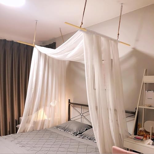 HanYun Himmelbett Vorhänge mit 2pcs Himmelbett Stange, Organza Stoff Hochzeit Vorhang Weiß Fenster Deko Tüllstoff Meterware Transparent für Betthimmel Doppelbett Hochzeit Traubogen Boho Deko (59x228) von HanYun
