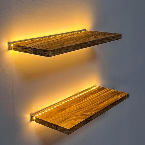 HanYun 2 Stück Wandregal Floating mit LED, Regal Wand Schweberegal Holz Board Regalbrett Hängeregal für Wohnzimmer, Schlafzimmer, Küche, Büro (USB) von HanYun