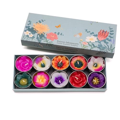 Hana Blossom Teelichter, Duftkerzen, Blumendesign, handgefertigt, Fairtrade, Diverse Designs und Farben, Geschenk-Set, 10 Stück von Hana Blossom