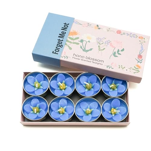 Teelichter "Forget Me Not", handgefertigt, mit ätherischem Neroli-Öl, in einer botanischen Geschenkbox von Hana Blossom