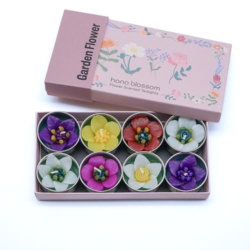8 handgefertigte Teelichter mit ätherischem Neroli-Öl in einer botanischen Geschenkbox von Hana Blossom