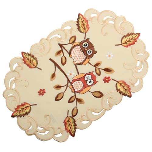 Eulen Tischdeckchen Tischläufer Decke Kissenhülle Leinen-Optik Creme Beige Herbst Blatt Stickerei - Größe wählbar (ca. 30 x 45 cm Oval) von HanaQi