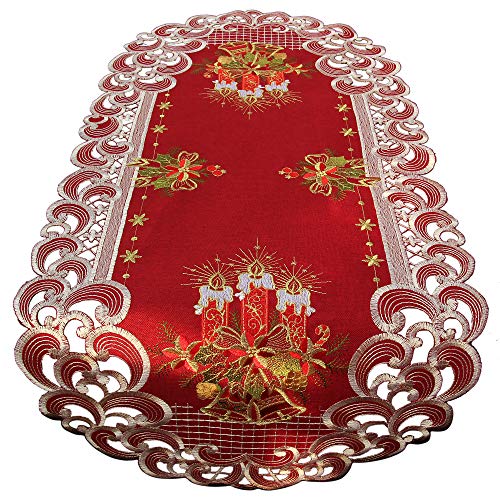 HanaQi Weihnachten Tischläufer Tischdecke Dunkelrot Leinenoptik Rot Kerzen Stickerei (ca. 40x90 cm Oval) von HanaQi