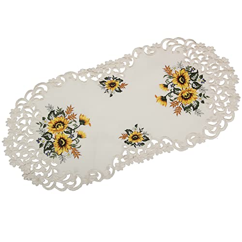 HanaQi Stickerei Sonnenblumen Tischläufer, auf Ecru - Crème Satin Optik Polyester Grundfarbe, ca. 35x70 cm Oval von HanaQi