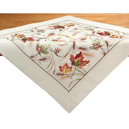 HanaQi Tischläufer Weiß mit Herbstblätter Stickerei, 100% Polyester ca. 85x85 cm von HanaQi