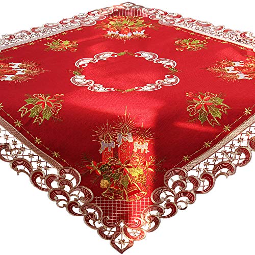 HanaQi Weihnachten Tischdecke Tischläufer Dunkelrot Leinenoptik Rot Kerzen Stickerei (ca 110x110 cm Eckig) von HanaQi