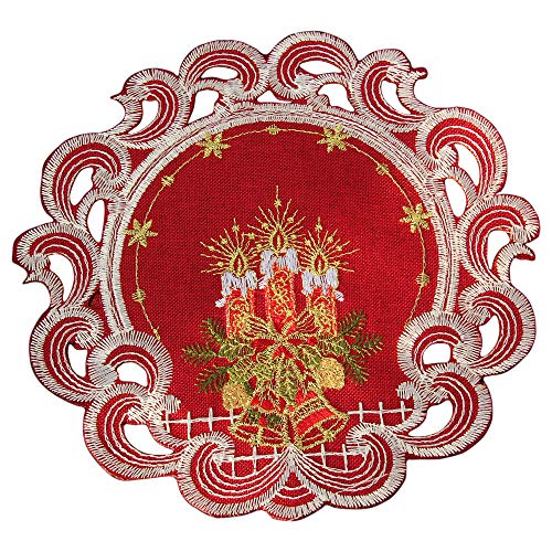 HanaQi Weihnachten Tischläufer Tischdecke Dunkelrot Leinenoptik Rot Kerzen Stickerei (20 cm Rund) von HanaQi