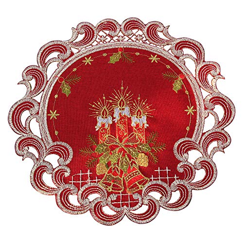 HanaQi Weihnachten Tischläufer Tischdecke Dunkelrot Leinenoptik Rot Kerzen Stickerei (30 cm Rund) von HanaQi