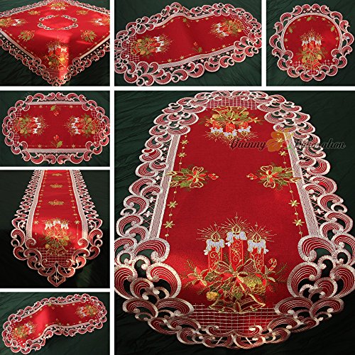 HanaQi Weihnachten Tischläufer Tischdecke Dunkelrot Leinenoptik Rot Kerzen Stickerei (ca. 22x55 cm Oval) von HanaQi