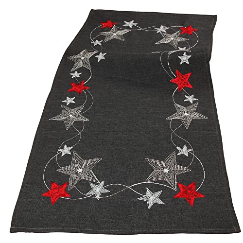 Moderne Weihnachtstischläufer Stern Motiv Stickerei ca. 40x90 cm Polyester, Grau-Rot von HanaQi