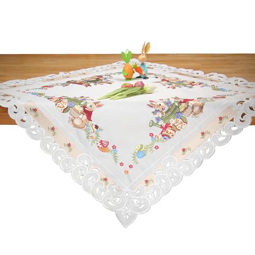 HanaQi - Ostern Tischläufer, Tischdecke Weiß mit Häschen Narzissen Stickerei, Polyester ca. 85x85 cm von HanaQi