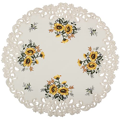 HanaQi Stickerei Sonnenblumen Mitteldecke auf Ecru - Crème Satin Optik Polyester Grundfarbe, ca. 60 cm Rund HanaQi Stickerei Sonnenblumen Mitteldecke auf Ecru - Crème Satin Optik Polyester Grundfarbe, ca. 60 cm Rund von HanaQi