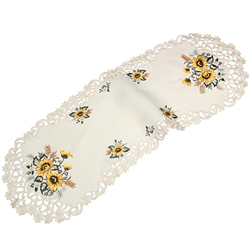 HanaQi Stickerei Sonnenblumen Tischläufer, auf Ecru - Crème Satin Optik Polyester Grundfarbe, ca. 40x110 cm Oval von HanaQi