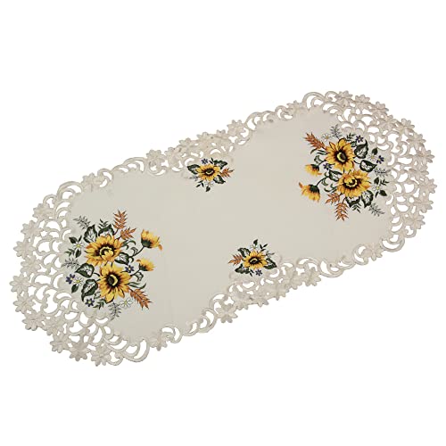 HanaQi Stickerei Sonnenblumen Tischläufer, auf Ecru - Crème Satin Optik Polyester Grundfarbe, ca. 40x90 cm Oval von HanaQi