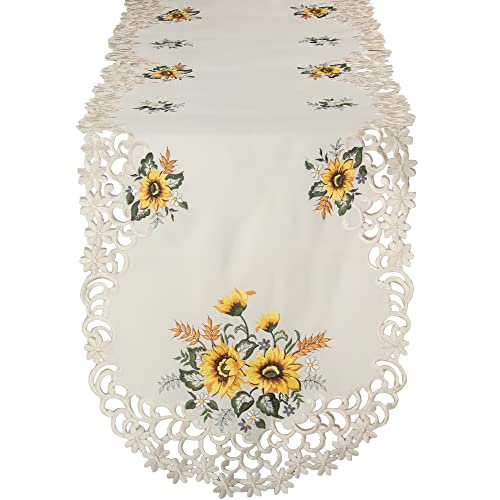 HanaQi Stickerei Sonnenblumen Tischläufer, auf Ecru - Crème Satin Optik Polyester Grundfarbe, ca. 45x130 cm Oval von HanaQi