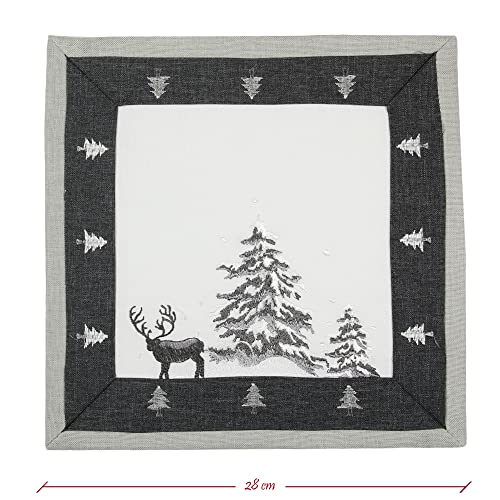 Weihnachten - Winter - Hirsch Stickerei Leinenoptik Polyester Deckchen ca. 28 x 28 cm, Grau - Weiß von HanaQi