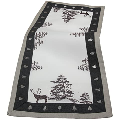 Weihnachten - Winter - Hirsch Stickerei Leinenoptik Polyester Tischläufer ca. 38 x 109 cm, Grau - Weiß von HanaQi