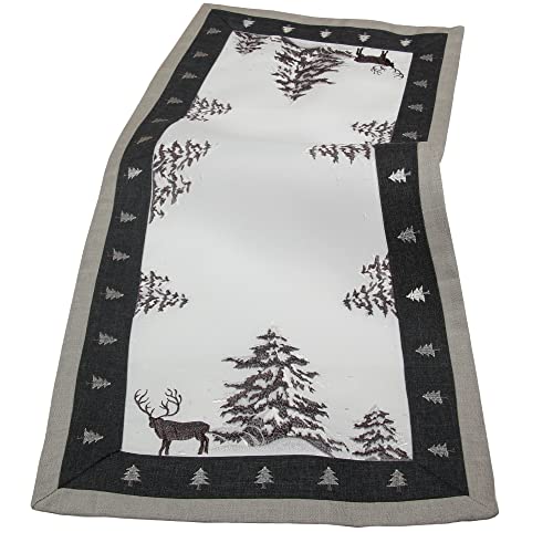 Weihnachten - Winter - Hirsch Stickerei Leinenoptik Polyester Tischläufer ca. 38 x 86 cm, Grau - Weiß von HanaQi