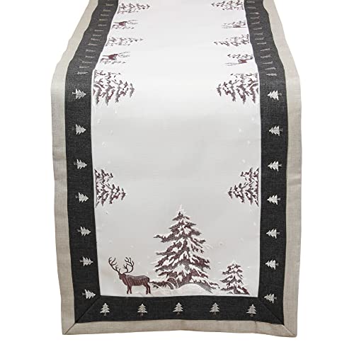 Weihnachten - Winter - Hirsch Stickerei Leinenoptik Polyester Tischläufer ca. 43 x 169 cm, Grau - Weiß von HanaQi