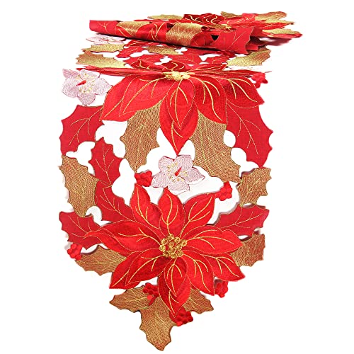 HanaQi Weihnachten - Winter - Weihnachtsstern Poinsettie Stickerei Polyester Tischläufer ca. 40 x 150 cm zugespitzt, Rot von HanaQi