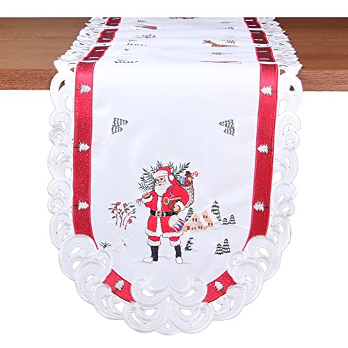 Weihnachtsmann in Winterlandschaft Stickerei Tischband 45 x 170 cm Polyester, rot-weiß von HanaQi